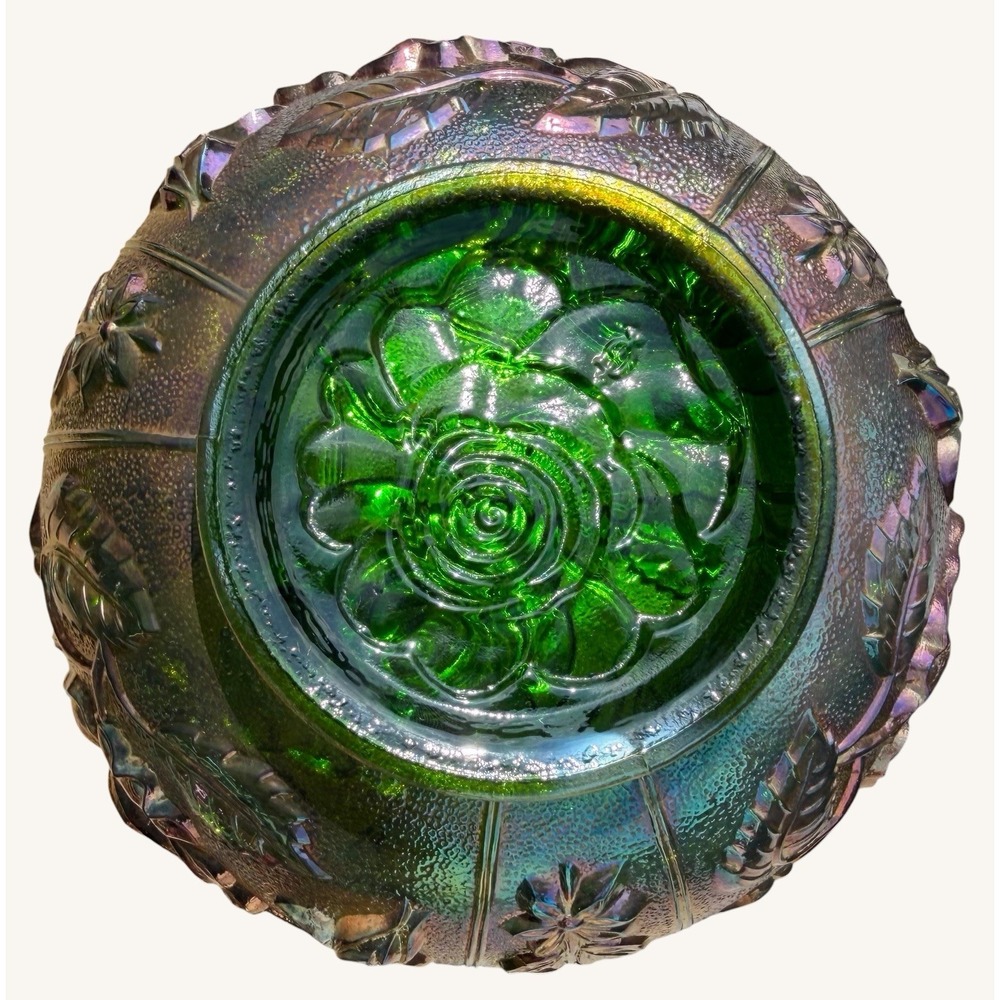 Vintage Imperial Glass Helios Green Carnival Glass Open Rose Bowl Iridescent - Picture 9 of 9